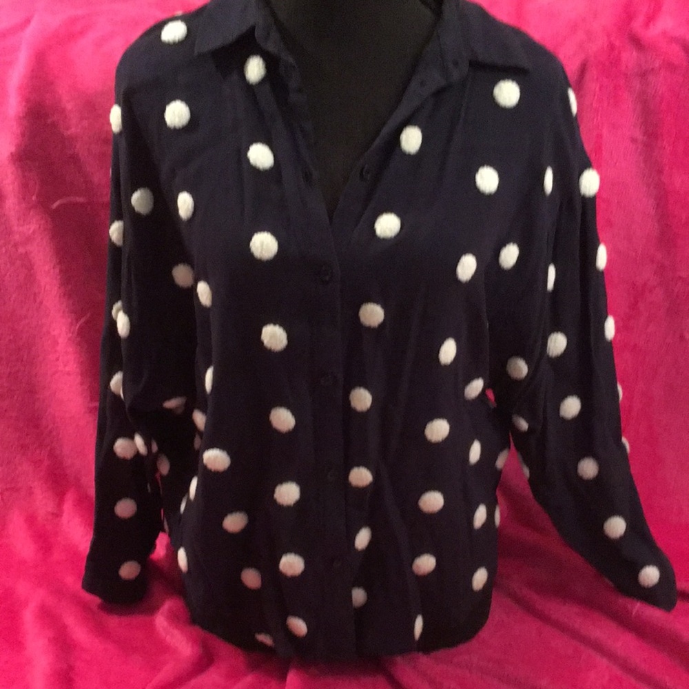 Zara Dark Blue and White Dot Button-Up Blouse